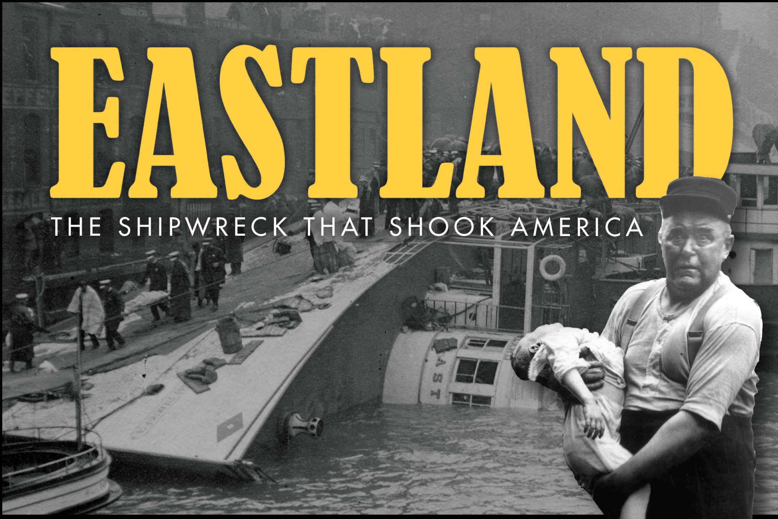 black and white photo of a man holding a drowned child with overturned ship in the background